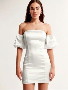 ABERCROMBIE & AND FITCH OFF SHOULDER PUFF SLEEVE MINI PEARL WHITE SATIN DRESS XL